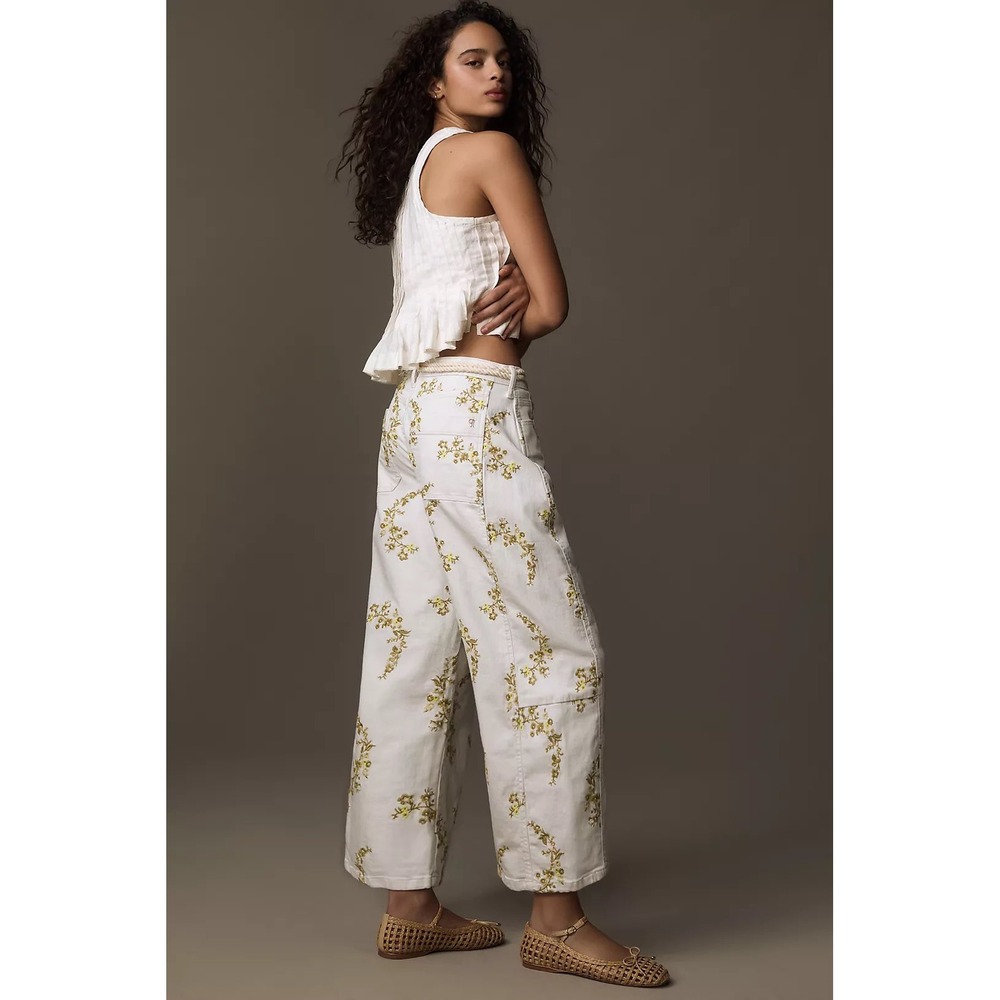 Pilcro Heritage Curve Mid-Rise Tapered Barrel Jeans White Floral Embroidered 8 - Picture 2 of 8
